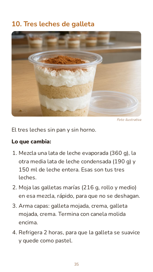 Muestra real del PDF: receta tres leches de galleta con foto ilustrativa